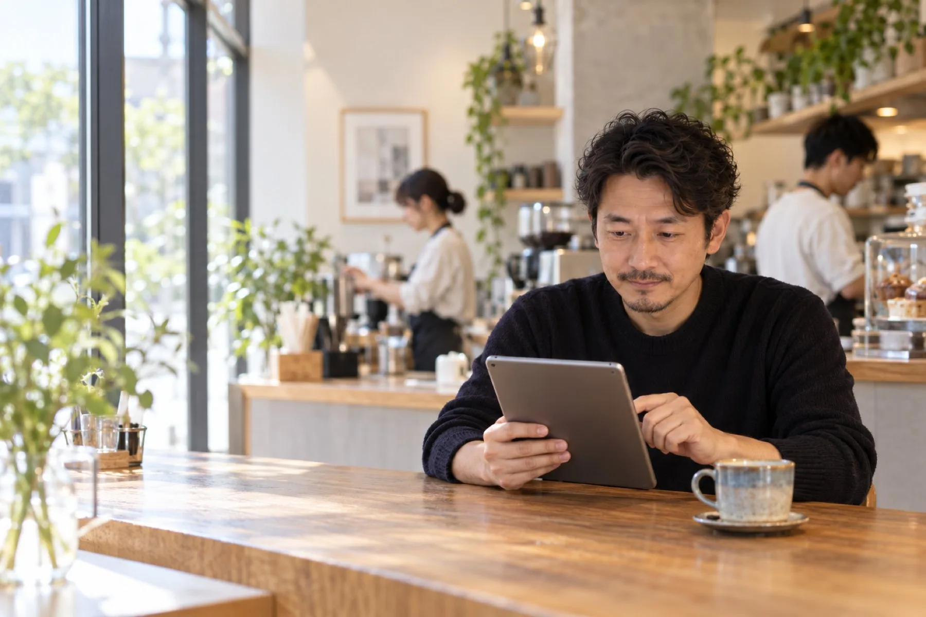 昼の休憩に、自分のカフェのカウンターの端でタブレットの下書きを直すオーナー。後ろでスタッフが働いている（イメージ・見本）